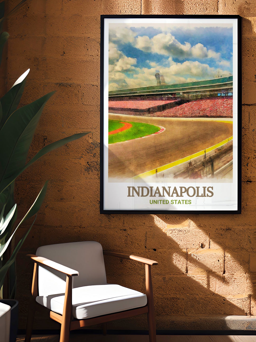 Indianapolis skyline art collection showcasing the citys iconic buildings and the legendary Indianapolis Motor Speedway. Perfect for adding a touch of elegance and excitement to your home decor. This print captures the vibrant spirit of Indianapolis.