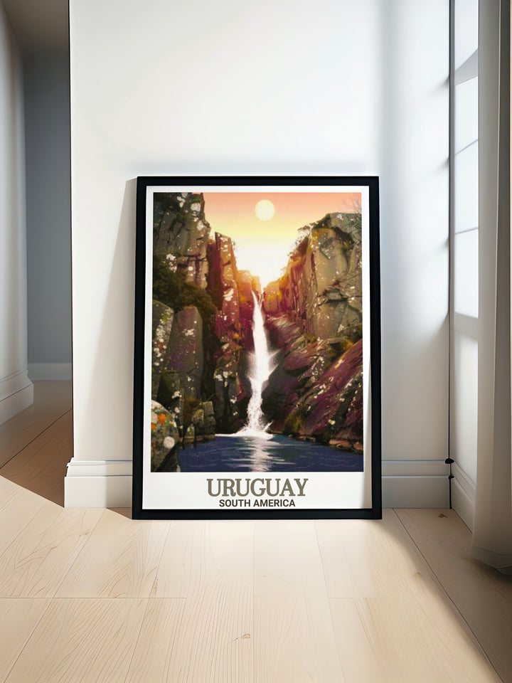 Montevideo poster featuring the vibrant city life of Uruguay and the stunning natural beauty of Salto del Penitente perfect for adding a touch of South American charm to your home decor with this unique and captivating wall art.