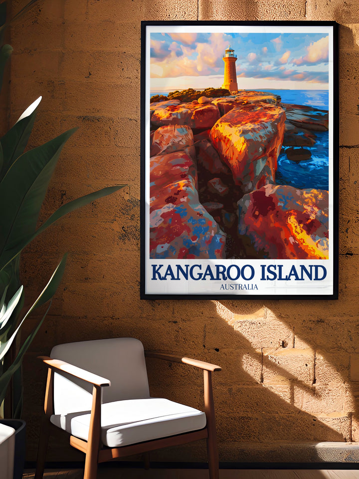 Add a piece of Australia to your home with this travel print showcasing Kangaroo Islands Remarkable Rocks and Cape du Couedic Lighthouse, perfect for creating a serene and coastal inspired atmosphere.