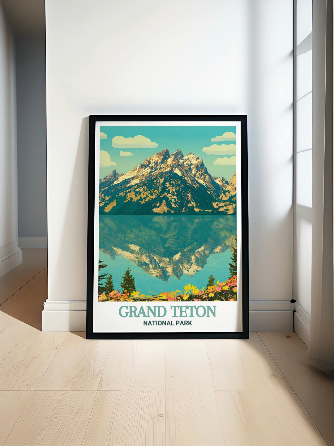 Grand Teton travel poster showcasing the breathtaking beauty of Jenny Lake, nestled at the base of the Teton Range. This artwork captures the serene reflection of the rugged peaks in the lakes clear waters, bringing the natural splendor of Grand Teton National Park into your home, perfect for nature enthusiasts.