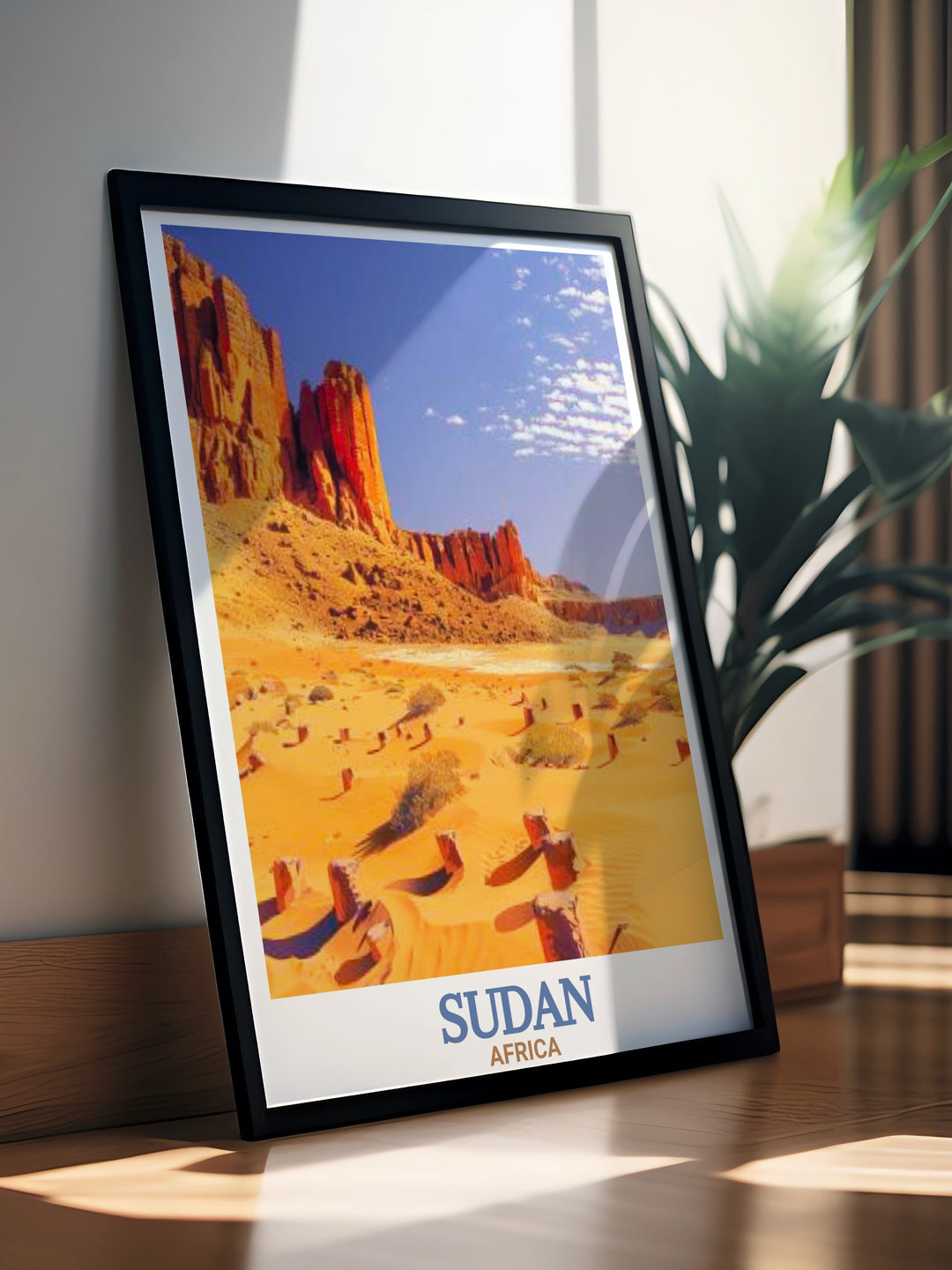 Khartoum Travel Poster Print highlighting the lively streets and cultural heritage of Khartoum with Jebel Barkal in the background. Great for personalized gifts and elegant home decor. Perfect for any special occasion.