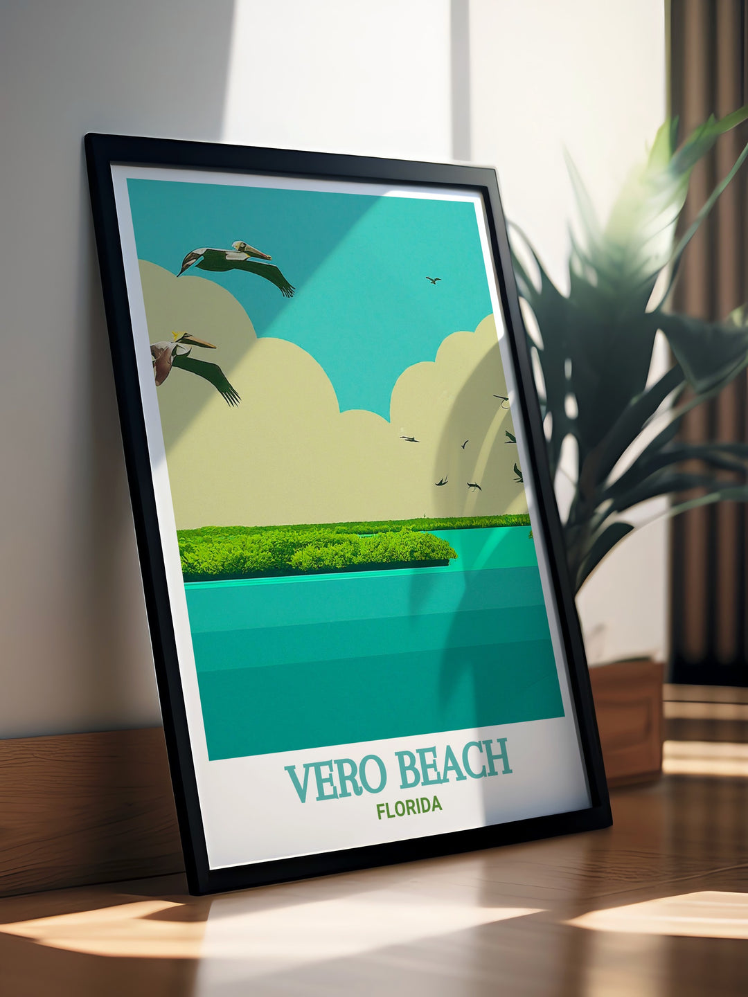 Pelican Island framed art showcasing the rich biodiversity of Floridas first national wildlife refuge. With vibrant greens and tranquil waters, this vintage poster is a perfect addition to any collection of Florida artwork.