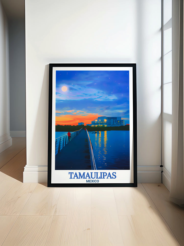 Experience the beauty of Mexico with this Tamaulipas travel poster featuring Reynosa city and Laguna del Carpintero in Tampico. Perfect for adding vibrant colors and dynamic cityscapes to your home decor or as a thoughtful personalized gift for any occasion.