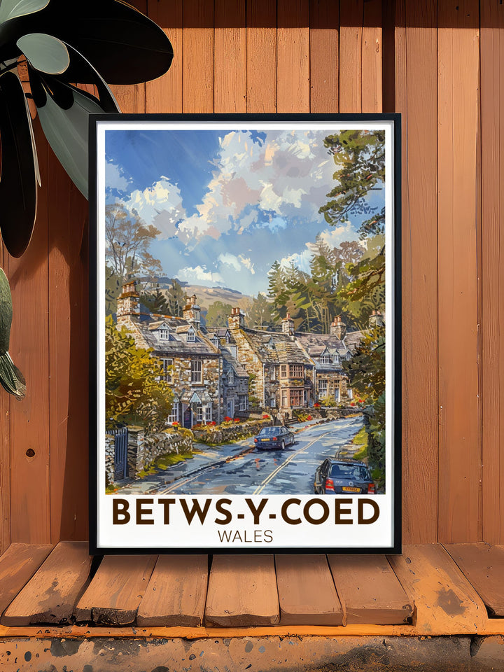 Modern art print of Betws y Coed featuring the picturesque scenery and historic sites of this Welsh village a perfect choice for decorating your home or as a special gift for travel lovers.