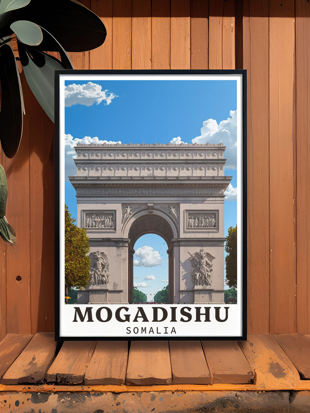 The vibrant streets and historic landmarks of Mogadishu are depicted in this travel poster, showcasing the natural beauty and cultural richness that define Somalia.