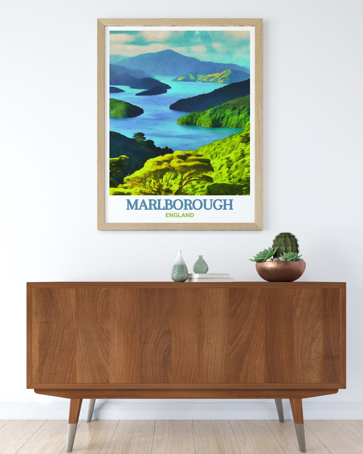 Stunning travel poster of Marlborough Sounds, showcasing the breathtaking landscape of New Zealand. A perfect gift for nature and art lovers. The vibrant colors and intricate details capture the serene ambiance of this famous destination.