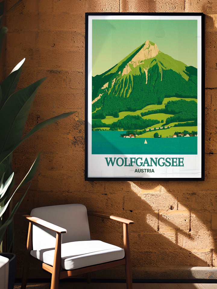 Wolfgangsee travel print featuring the serene lake and surrounding mountains. This detailed illustration captures the natural beauty of Wolfgangsee, making it a perfect addition to any nature lovers home decor. Ideal for those who appreciate Austrias stunning landscapes.