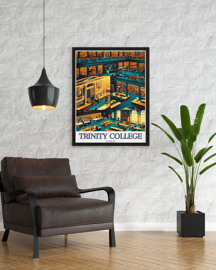 Add a scholarly touch to your home with this Trinity College wall art, featuring the iconic library and the renowned Book of Kells. Perfect for academics, this framed print brings the rich history of Dublin into your space.