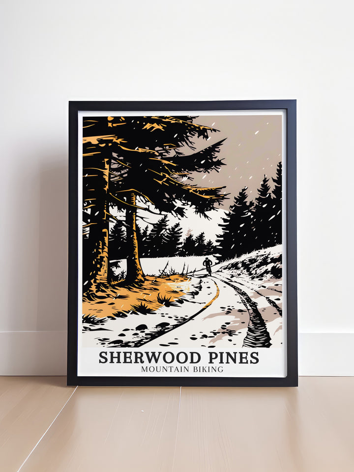 Sticky Switchbacks travel wall art showcasing the challenging routes and scenic beauty of Sherwood Pines in Edwinstowe, Nottinghamshire. These art pieces are a beautiful addition to home decor, offering a visual escape to the thrilling experiences of the Sticky Switchbacks. Ideal for mountain biking enthusiasts, these prints bring the charm of Sherwood Pines into your living space.