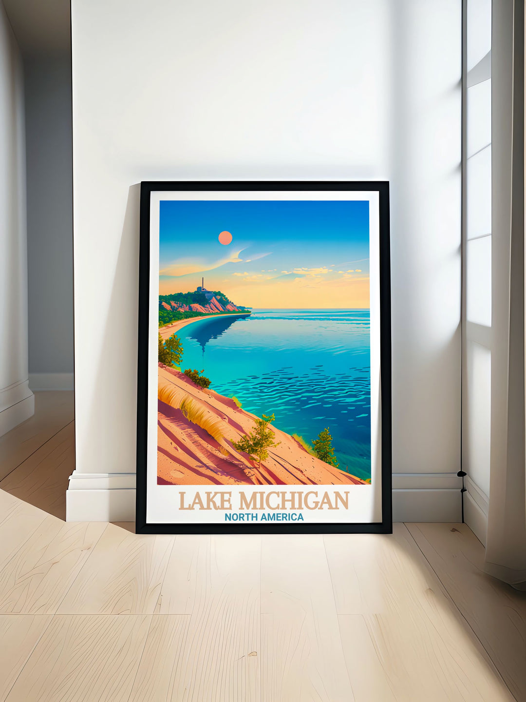 Lake Michigan Poster Print featuring Sleeping Bear Dunes National Lakeshore brings the beauty of the Great Lakes into your home. This stunning vintage travel poster is perfect for minimalist wall art and makes a thoughtful personalized gift.