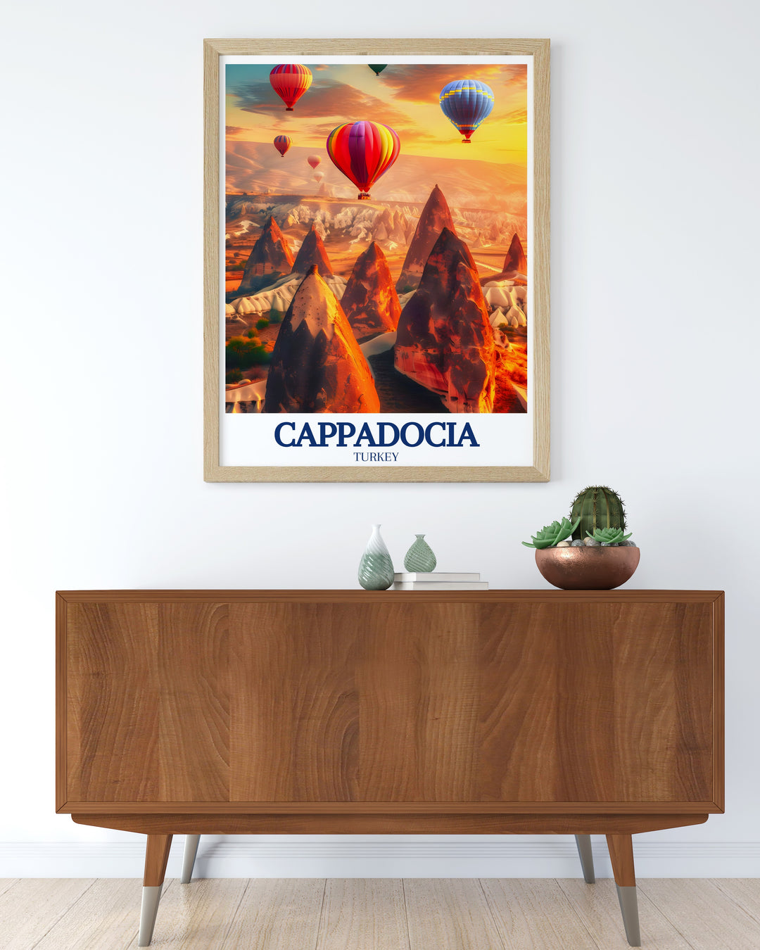 This Cappadocia wall poster highlights the regions natural beauty, focusing on the Fairy Chimneys and the hot air balloon rides that have become synonymous with the area. Perfect for living room decor, this print brings adventure to any space.