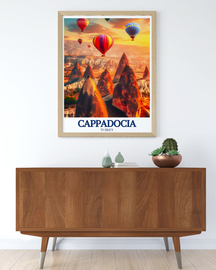 This Cappadocia wall poster highlights the regions natural beauty, focusing on the Fairy Chimneys and the hot air balloon rides that have become synonymous with the area. Perfect for living room decor, this print brings adventure to any space.