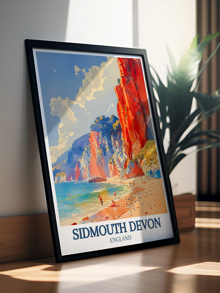 The Jurassic Coast and Sidmouth Beach are beautifully depicted in this travel poster, celebrating the iconic landmarks and natural beauty of Devon, ideal for travel lovers and coastal enthusiasts.