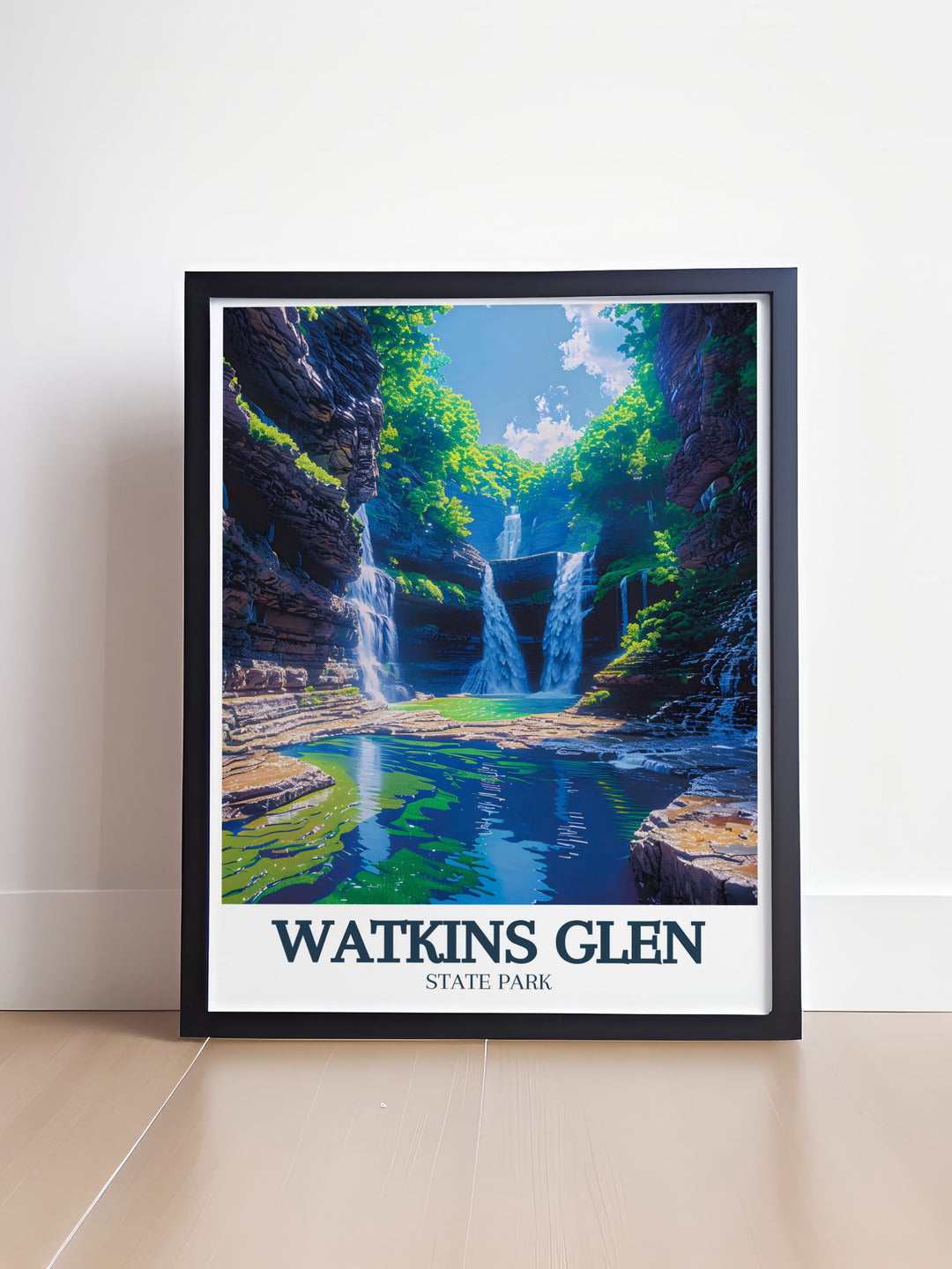 Fine art print of Watkins Glen State Park, showcasing the parks stunning natural waterfalls and lush greenery, perfect for bringing the beauty of New Yorks outdoors into your home.