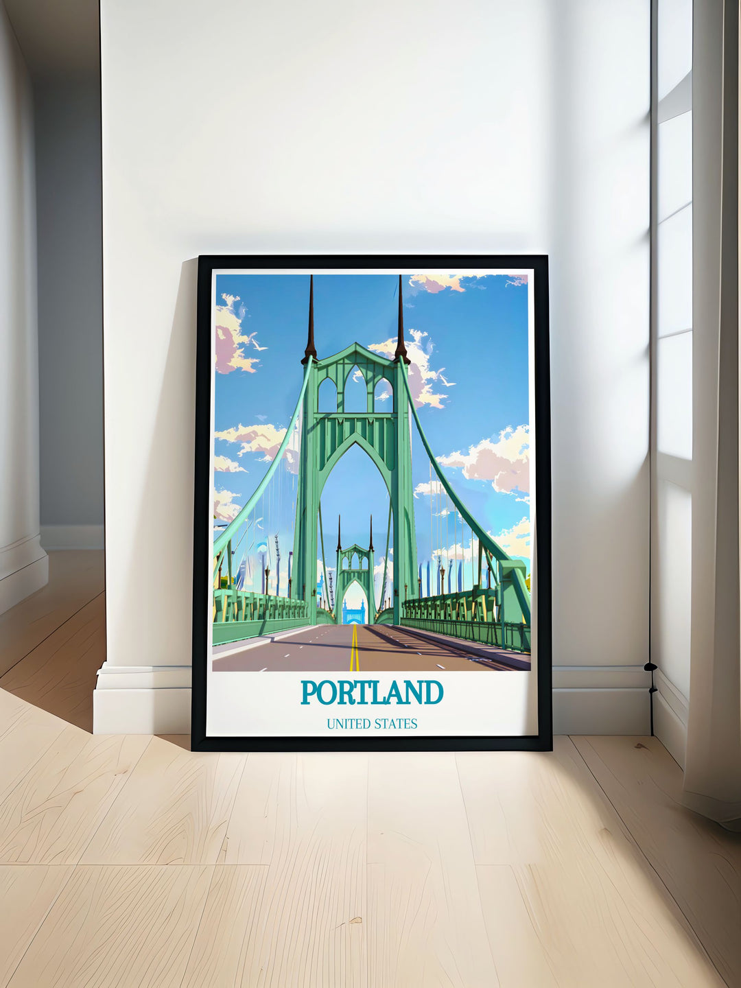 St. Johns Bridge black and white art print showcasing the architectural beauty of Portland Oregon with fine line details ideal for sophisticated home decor and thoughtful gifts