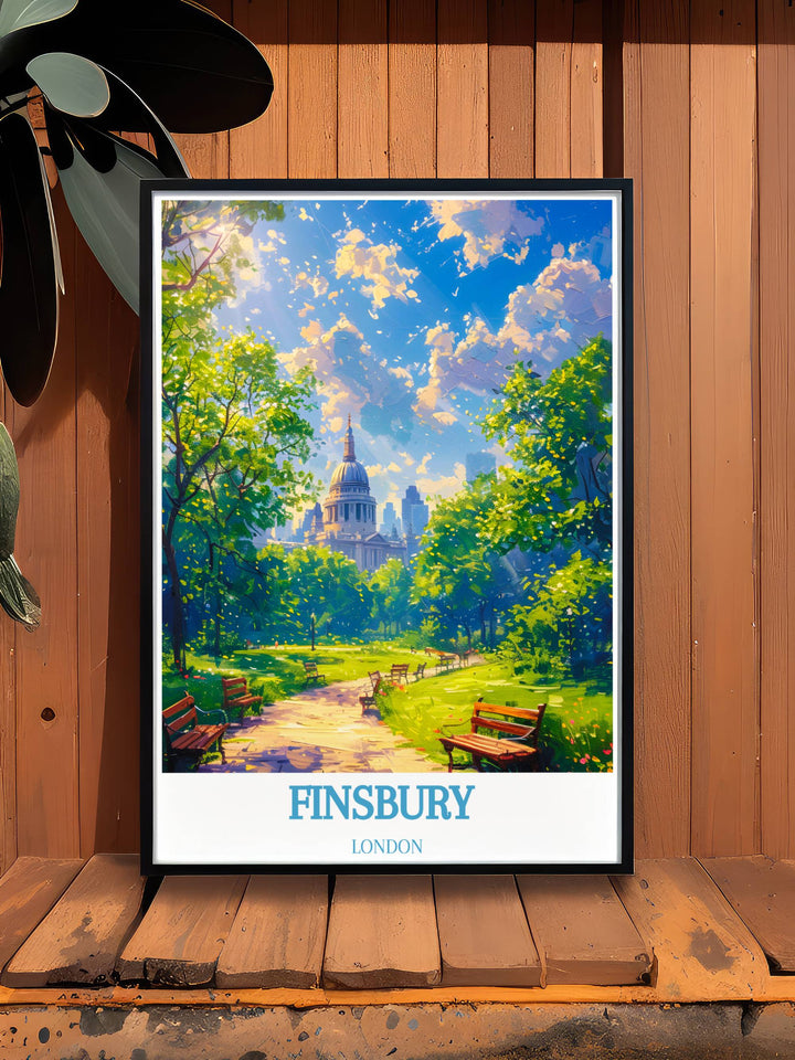 Celebrate Londons charm with this retro travel poster of Finsbury Park. This framed print adds a nostalgic touch to any room, capturing the parks vibrant atmosphere and lush landscapes. A perfect piece for any art collection.