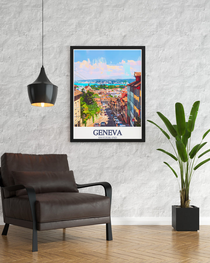 Lausanne Travel Poster featuring stunning views of the town and surrounding countryside, ideal for adding a touch of Switzerlands beauty to your home.