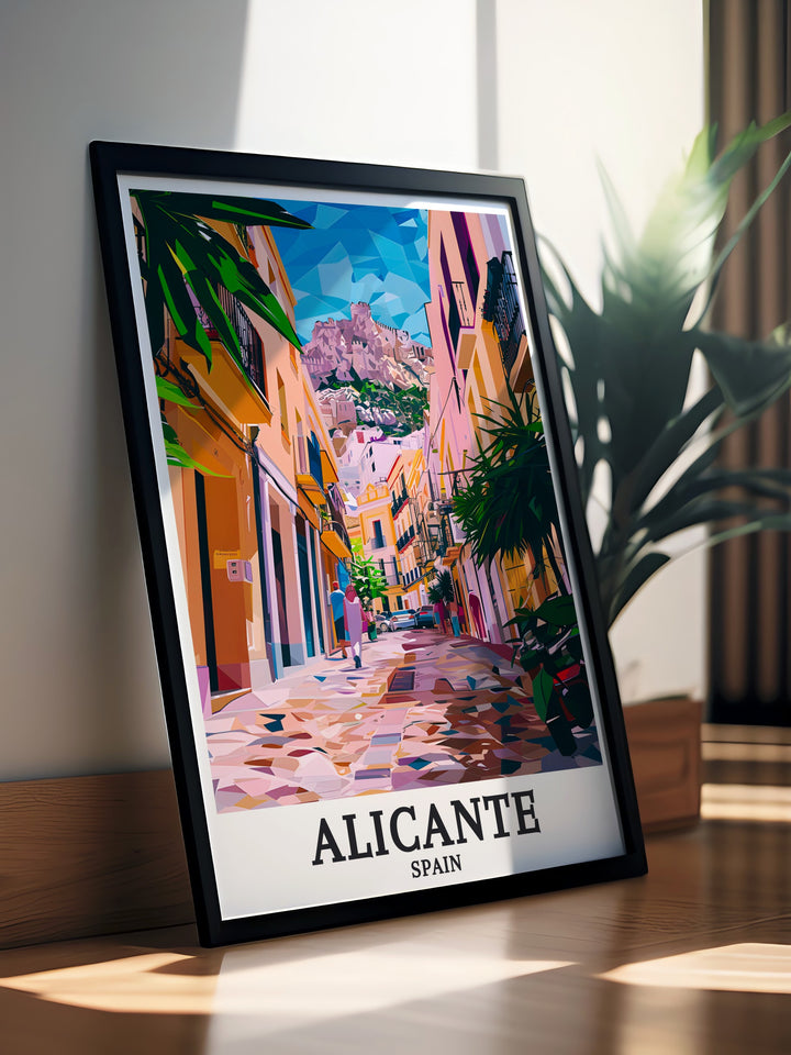 Beautiful Alicante Poster with a detailed depiction of Mount Benacantil and Old Town perfect for those who appreciate the blend of historical charm and contemporary design making it an ideal addition to any room