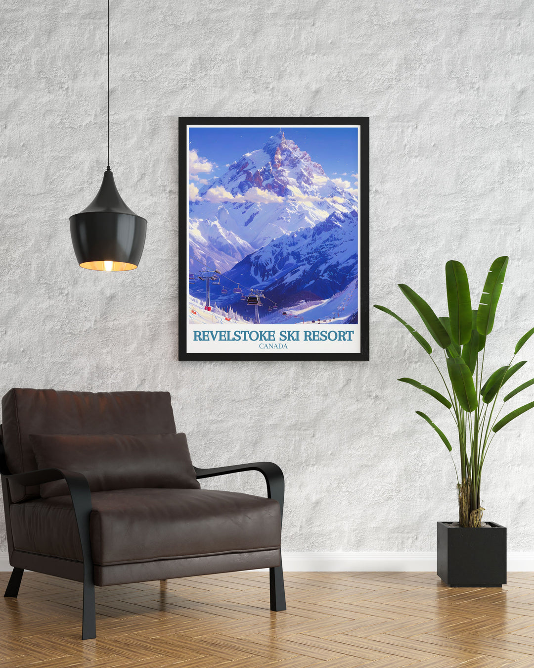 Ski Resort Print featuring Mount Mackenzie and the Revelation Gondola cable car. This British Columbia art piece captures the spirit of skiing and the stunning landscapes of Canada. Ideal for wall art in any mountain resort themed room.