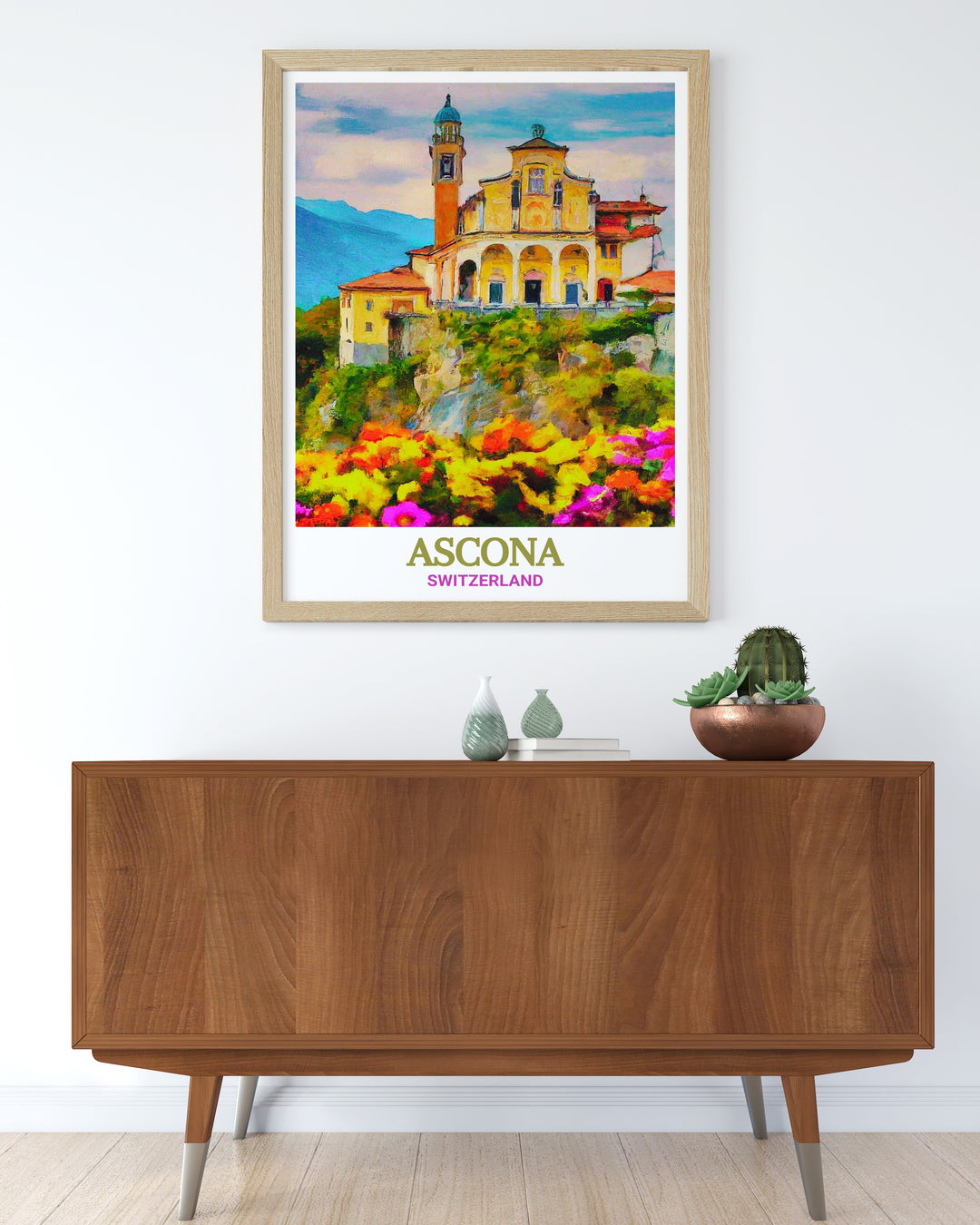 Switzerland travel poster featuring the stunning views of Madonna del Sasso and Ascona, ideal for adding a touch of Swiss serenity to your living space.