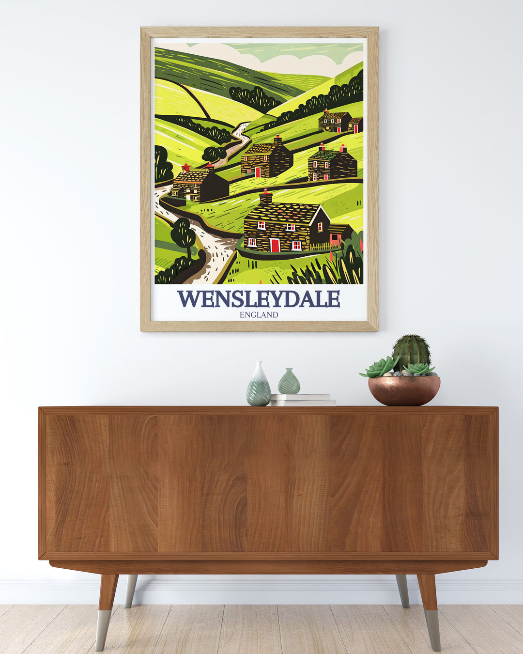 This Wensleydale poster print showcases the rolling hills of North Yorkshire in the stunning Yorkshire Dales. The artwork captures the beauty of the National Park, making it a perfect addition to any nature lovers home décor. This vintage travel print evokes the timeless charm of Wensleydales countryside, ideal for framing as wall art or gifting.