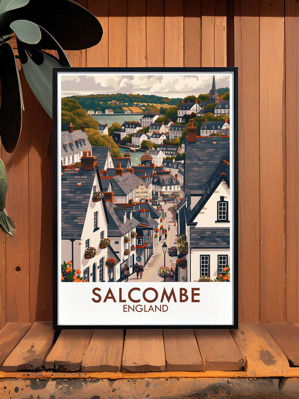 Elevate your home decor with this retro travel poster of Salcombe Town Centre featuring detailed Devon illustrations perfect for modern decor