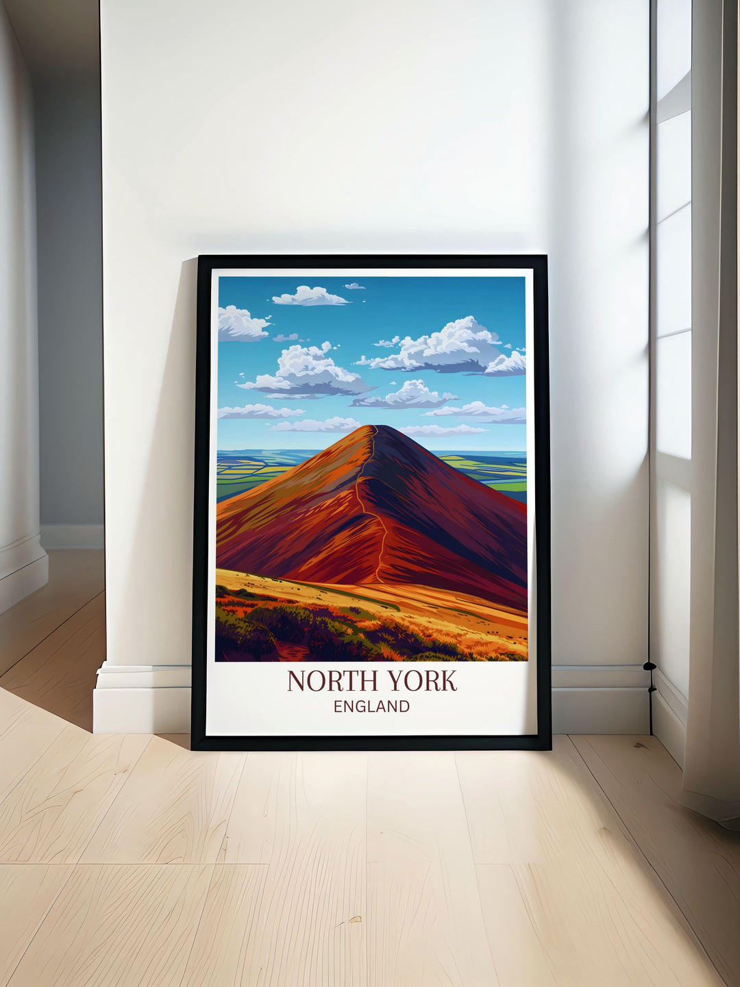 This travel poster showcases the breathtaking view of North York Moors National Park, capturing the rolling hills and vibrant heather that define this beautiful landscape, perfect for adding a touch of nature to your home decor.