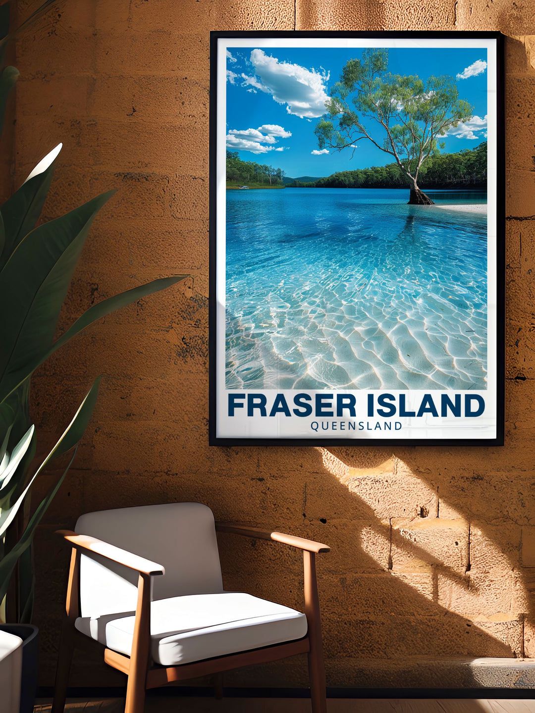 LakeMcKenzie Art Print highlights the crystal clear waters and white sandy beaches of Fraser Island. Perfect for any living room or office space this poster adds a touch of elegance and tranquility to your home decor while celebrating the beauty of Australia.