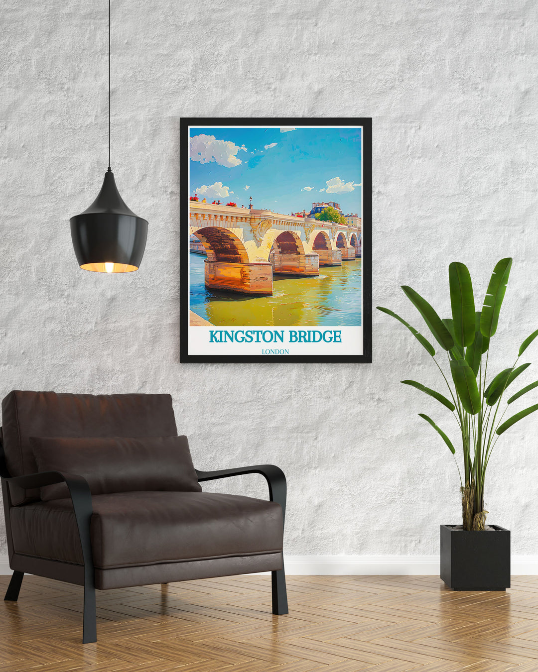 The travel poster of Kingston Bridge illustrates its role in the history of Kingston Upon Thames, bringing its architectural beauty and scenic views into your home.