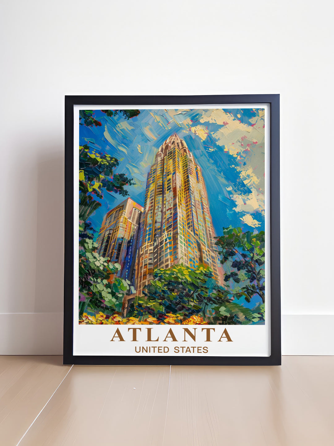 a painting of a tall building on a wall