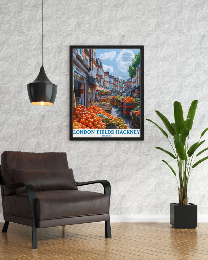 This vibrant art print of London Fields Hackney captures the community spirit and recreational activities of the park, making it a standout piece for those who love urban green spaces.