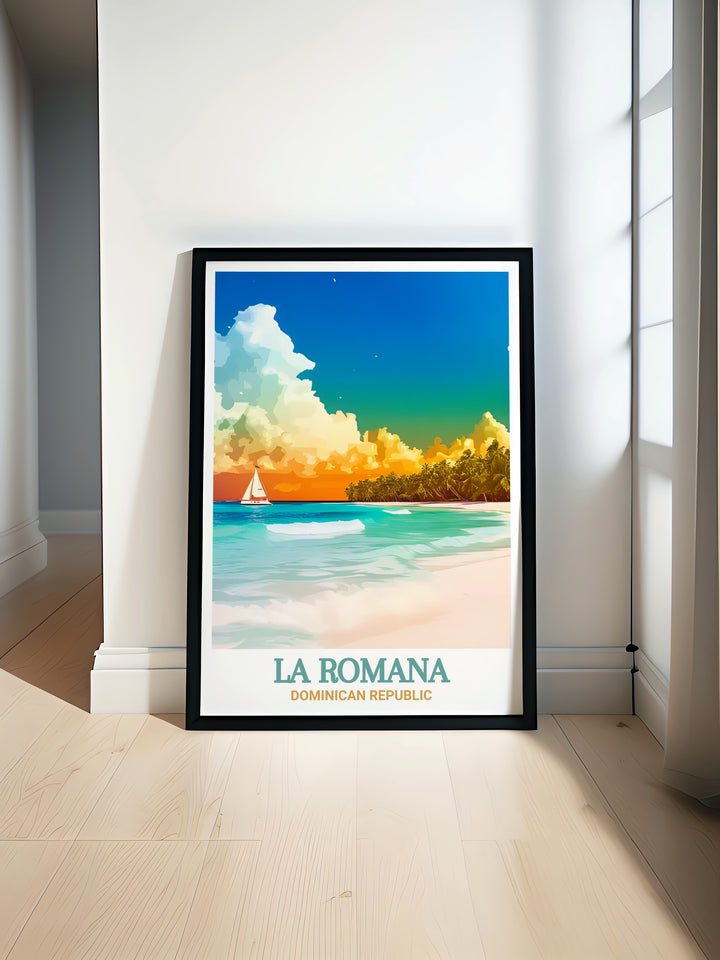 The Caribbeans serene landscapes are perfectly showcased in this La Romana print, highlighting the tranquil waves and soft sands of Bayahibe Beach. A perfect piece to add warmth and relaxation to any room.