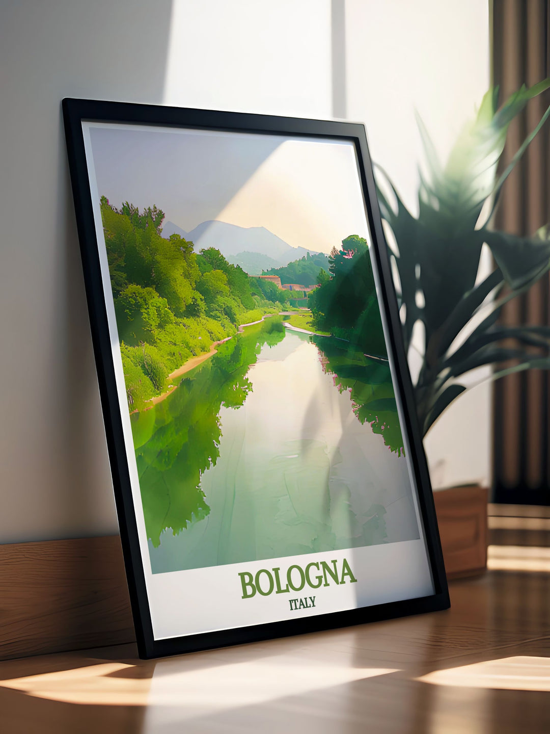 Detailed digital download of Bologna, featuring its historic sites and the serene beauty of the Reno River, ideal for any art collection or as a memorable travel keepsake.