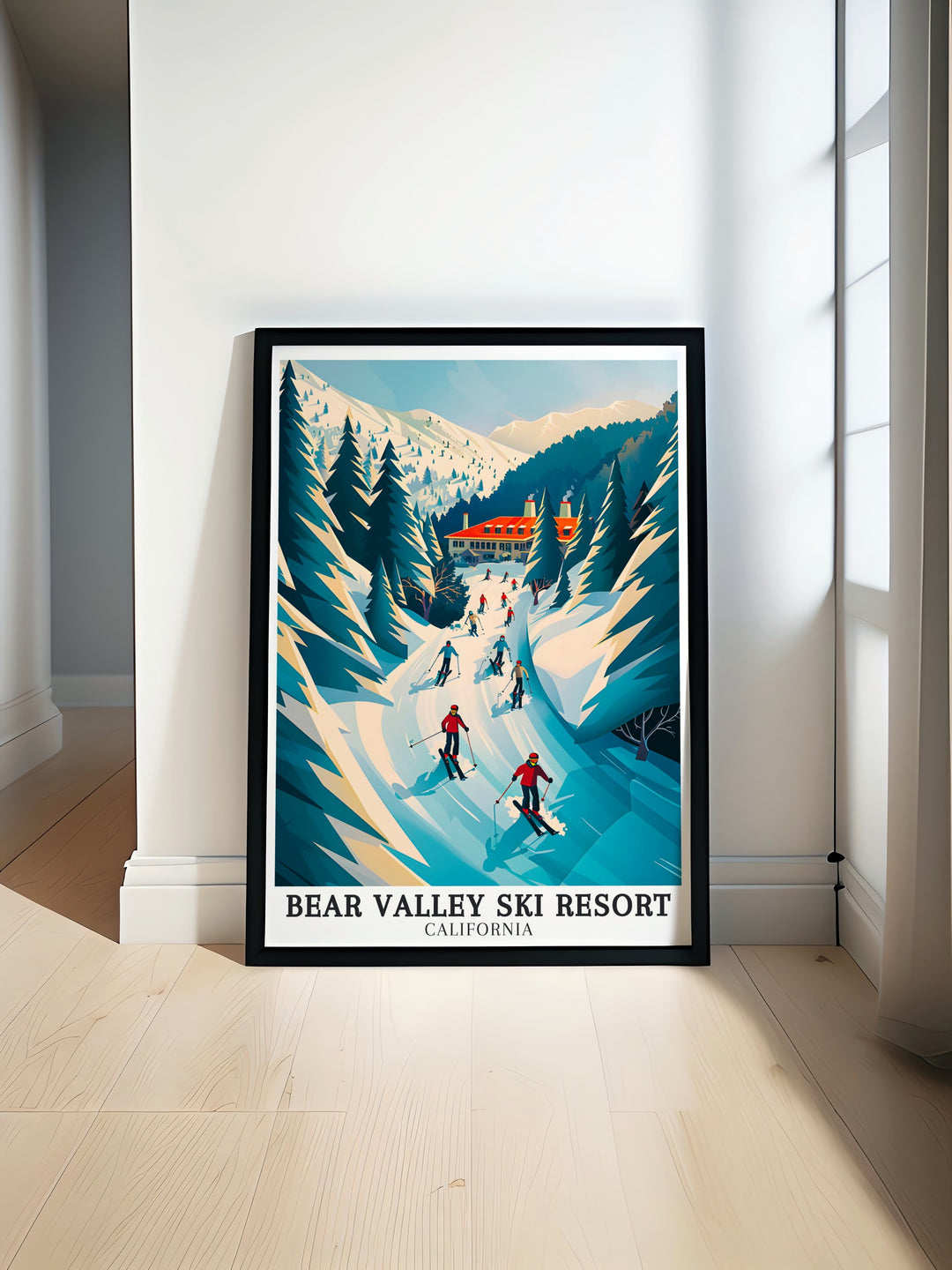 Bear Valley Lodge Sierra Nevada is beautifully depicted in this travel poster showcasing the vibrant winter landscapes and ski trails of Bear Valley. Perfect for any home decor this print celebrates the natural beauty and adventure of the Sierra Nevada region.