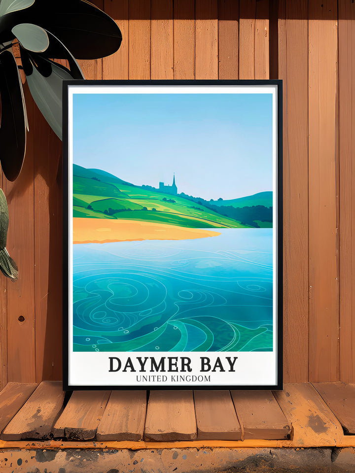 St. Enodoc Church, nestled within the rolling dunes near Daymer Bay, is captured in this travel print. The artwork highlights the timeless beauty of this historical landmark, making it a perfect addition for those who appreciate both history and nature.