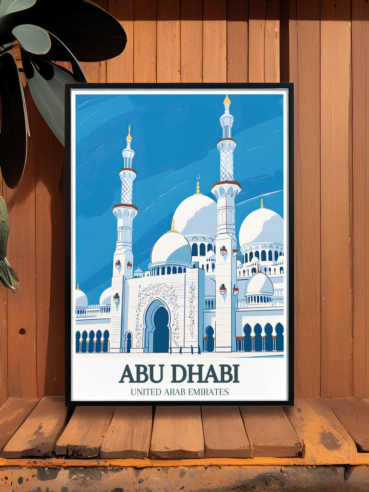 Detailed art print of the Sheikh Zayed Grand Mosque, Al Rawdah in Abu Dhabi. This poster captures the mosques architectural elegance and is perfect for adding a sophisticated touch to your home decor. A must have for fans of Emirates landmarks.