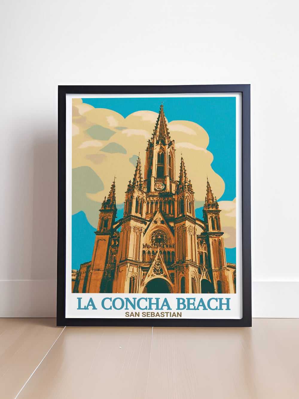 A vibrant poster print featuring the iconic La Concha Beach in San Sebastián, Spain. This artwork captures the natural beauty of the beach with its golden sands and clear blue waters. Perfect for anyone looking to add a piece of coastal Spain to their home decor, it also makes a wonderful travel inspired gift.