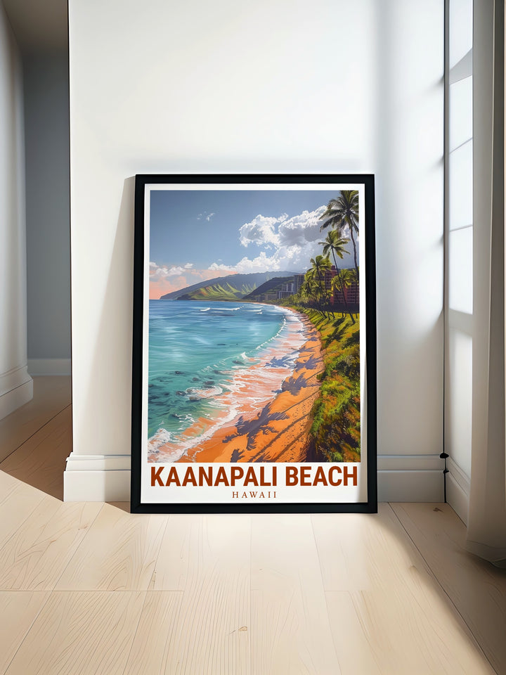 Kaanapali Beach wall poster capturing the calm waves and scenic views of one of Hawaiis most famous beaches. Perfect for adding a touch of tropical elegance to any home or as a thoughtful gift for beach lovers and travelers alike.