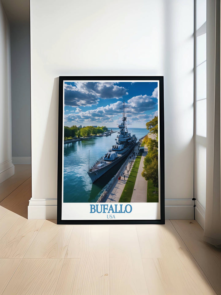 Travel poster print showcasing Buffalo Naval and Military Park and skyline perfect for home decor or as a personalized gift highlighting the rich history and vibrant cityscape of Buffalo ideal for adding a touch of elegance to any space