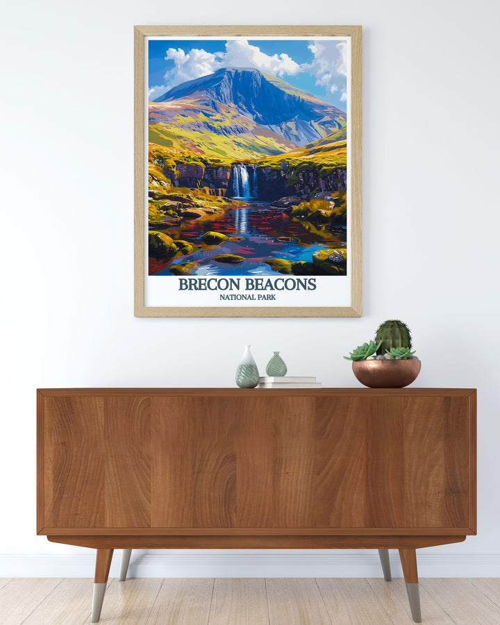 National Park print of Brecon Beacons showcasing Pen Y Fan and Corn Du. The vintage style poster captures the natural beauty of Wales perfect for any art lover or traveler