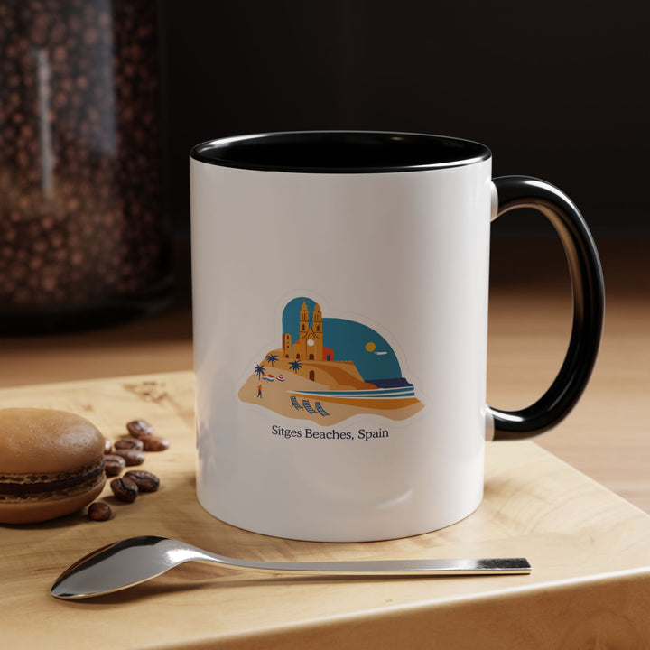 A ceramic Sitges Beach Spain Mug showcasing intricate designs inspired by Sitges’s stunning beaches and Mediterranean flair. Dishwasher safe, this mug is a practical and artistic addition to any collection.