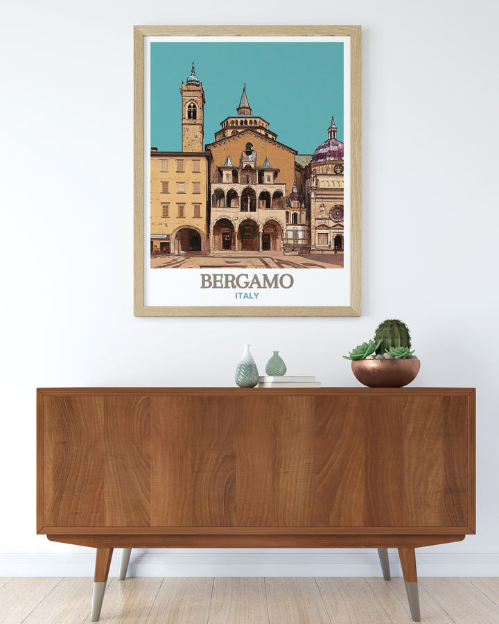 Elegant wall art featuring Piazza Vecchia in Bergamo. Highlighting the intricate details of the surrounding buildings and statues. Ideal for art lovers and travelers. Adds a touch of sophistication to any room. Vivid colors and fine lines.