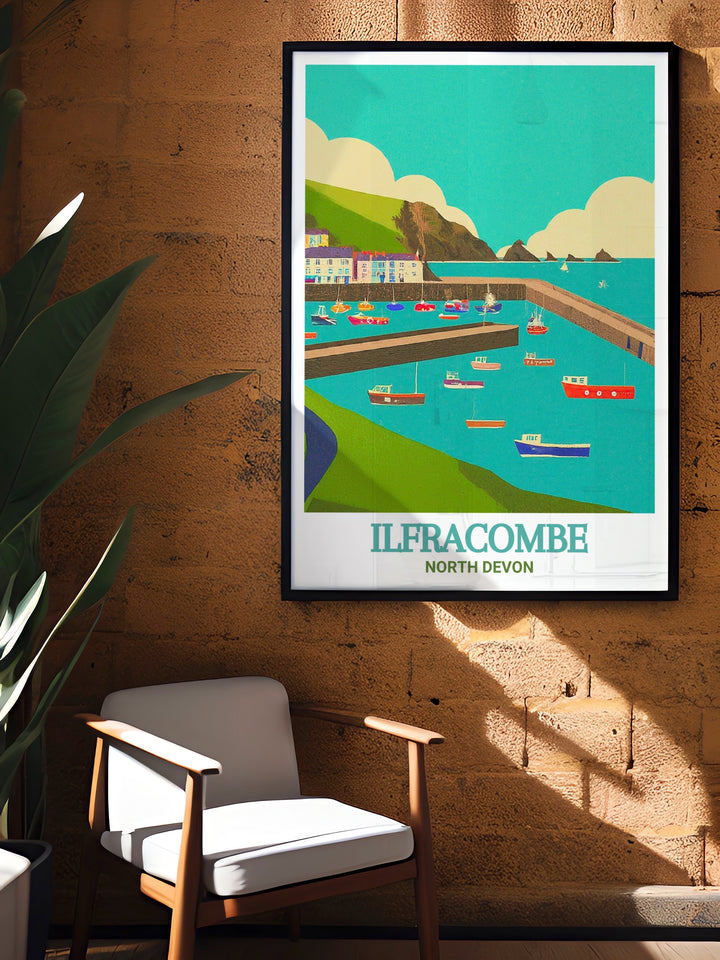 This Devon travel print celebrates the natural beauty of the North Devon coast, highlighting the charm of Ilfracombe Harbour. The detailed artwork brings the essence of this picturesque town into your living space.