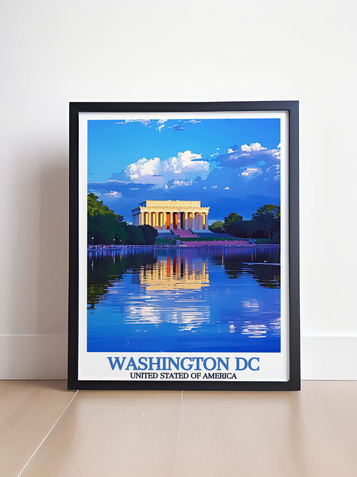 Elegant Washington DC map art print featuring the Lincoln Memorial and botanical garden illustration. Perfect wall decor for your living room or study. This city print is a great choice for anyone who loves Washington DC and appreciates fine art prints.