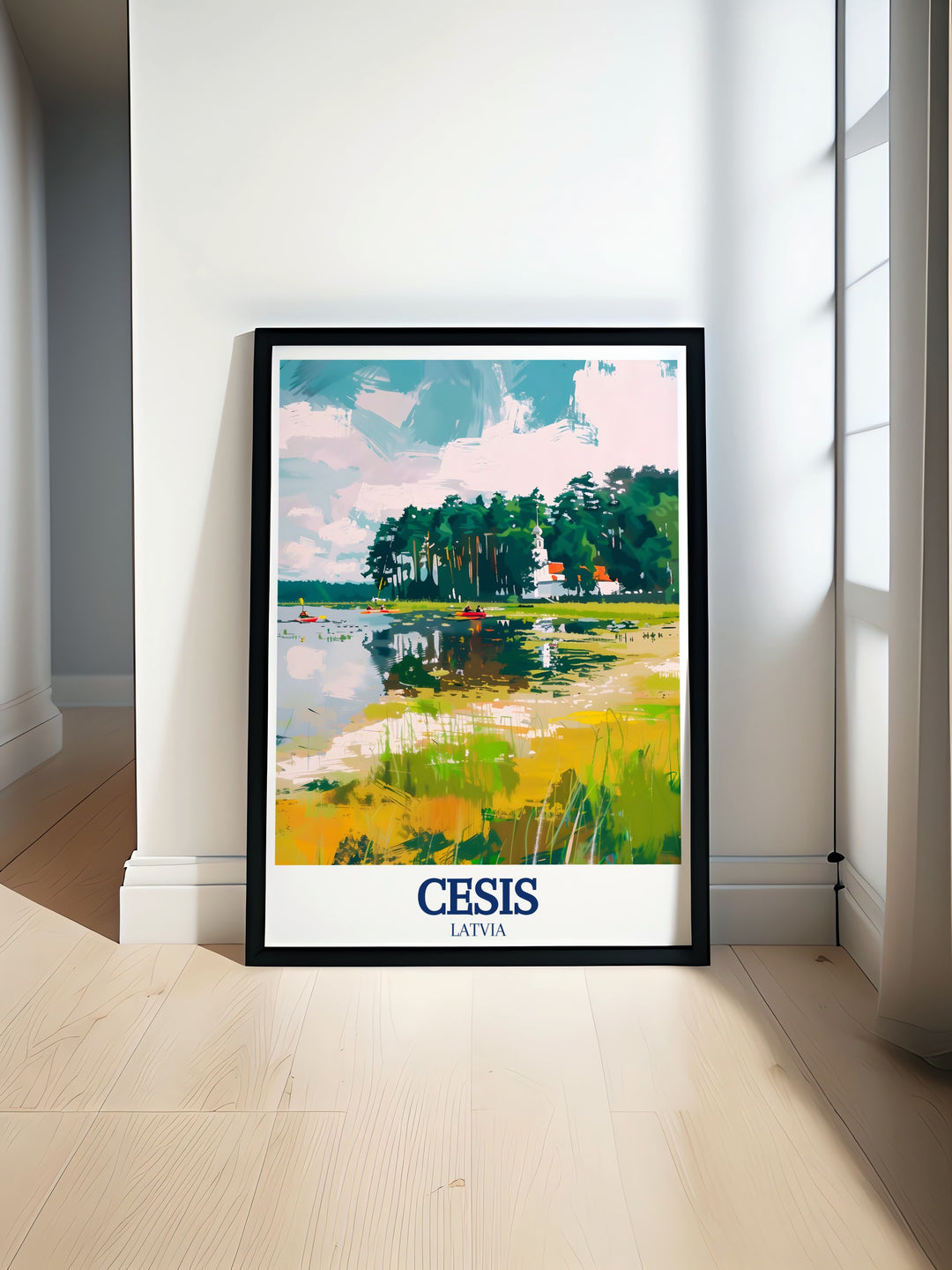 Latvia travel poster featuring Cēsis, the meandering Gauja River, and the scenic beauty of Gauja National Park. This print is a wonderful way to celebrate Latvias rich heritage and stunning landscapes.