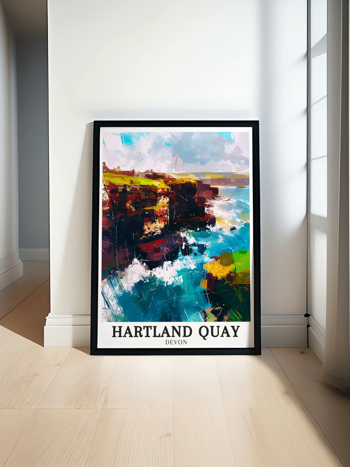 Hartland Point wall art displaying the striking cliffs and sweeping ocean views from Devons iconic coastline. This framed artwork brings a sense of adventure and natural beauty into your home, perfect for those who love exploring the outdoors.