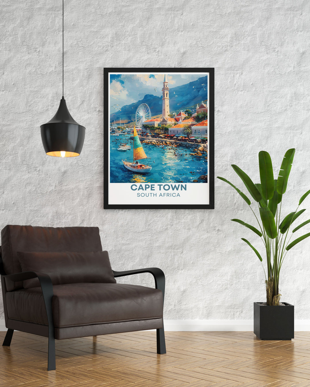 The captivating blend of historic architecture and natural landscapes at the Victoria & Alfred Waterfront and Table Mountain is beautifully illustrated in this poster, making it a stunning addition to any wall art collection celebrating South Africa.
