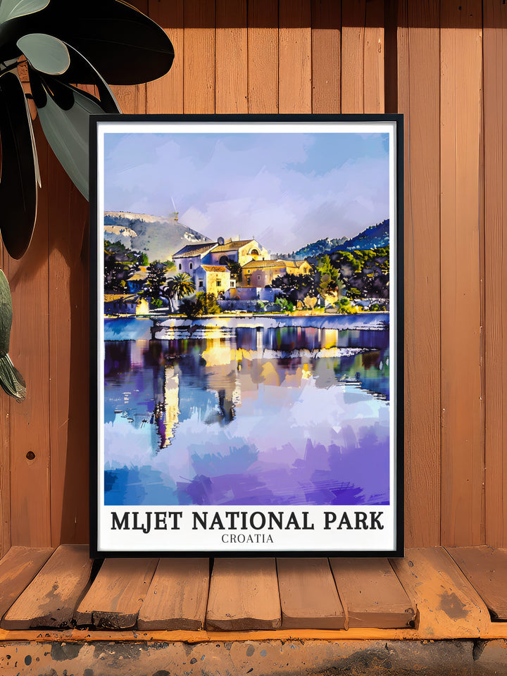 Vintage poster of Mljet National Park highlighting the untouched beauty of its landscapes and the cultural significance of St Marys Island a wonderful choice for adding a timeless touch to your home or office decor