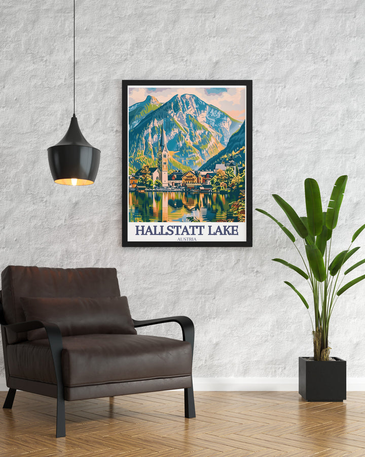 Bring the tranquility of Hallstatt into your home with this travel poster featuring the picturesque village, the serene lake, and the towering Dachstein mountains. The combination of natural beauty and historical architecture makes this print a perfect addition to your decor.