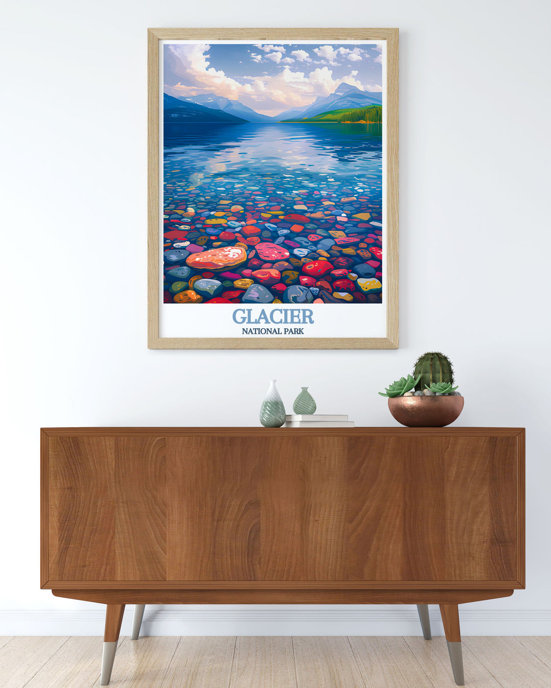 Vintage poster of Lake McDonald, highlighting the serene waters and picturesque landscape of Glacier National Park, ideal for those who love the blend of adventure and natural beauty.
